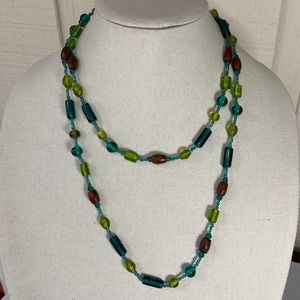 Long green glass bead and wood statement necklace